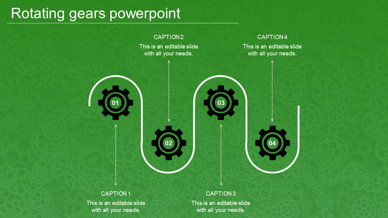 Four Node Rotating Gears In PowerPoint Green Color